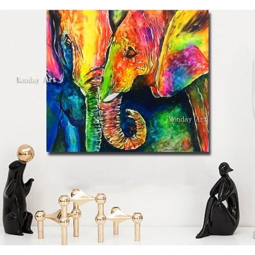 Animal wall Picture 100% hand painted Colorful Elephant Couple oil Painting Artwork For Living Room Home Wall Decoration gift