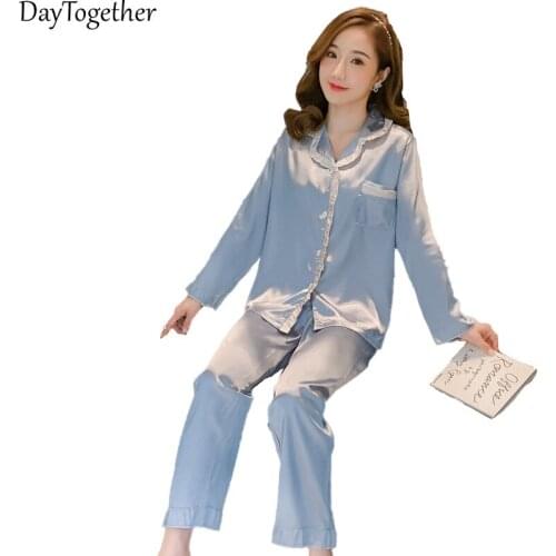 Summer Ice Silk Pajamas Women Long Sleeve Cardigan Lace Two-piece Female Home Clothing Sleepwear