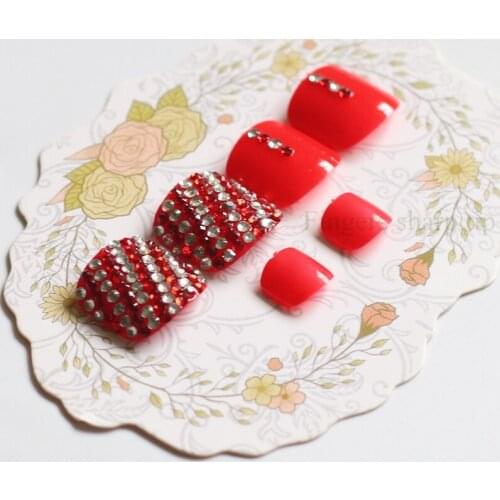2020 Best selling handmade short paragraph round toe candy fake tail Crystal diamond 24PCS red #N30