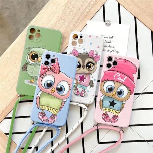 Cute For Xiaomi Redmi Mi Note 10 10s 9 9S 8 8T 7 10T Poco F3 X3 11 Pro Max Pro SE Lite CC9 CC9e Owl Strap Necklace Lanyard Cases