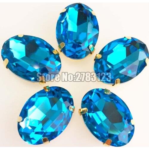 New product! Golden base lake blue oval shape AAA Glass Crystal sew on rhinestones with holes for diy Clothing accessories
