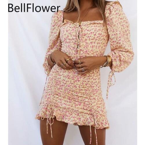 Autumn Smocked Dress Women Clothing Draw String Puff Sleeve Square Collar Pullover Floral Print Beach Sexy Boho Beach Style