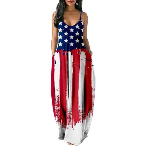 New Fashion Summer Female Slip Dress, Independence Day Star Stripe Print U-Neck Sleeveless Spaghetti Strap for Ladies