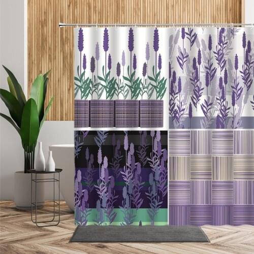 Romantic Lavender Shower Curtain Purple Flowers Color Butterfly Home Decoration Background Waterproof Bathroom Screen With Hooks