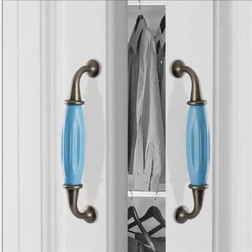 Blue ceramic knob 96mm antique bronze porcelain handle 128mm Ruralcabinet handle 32mm round knob