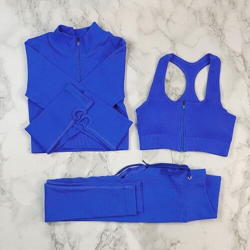Seamless Yoga Set Zipper Long Sleeve Ribbed Sport Suit Drawstring High Waist Gym Leggings Workout Clothes For Women Sportswear