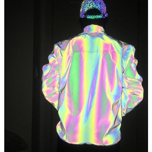 Colorful reflective jacket men autumn winter night reflect light hip hop coat women harajuku rainbow color reflective jackets