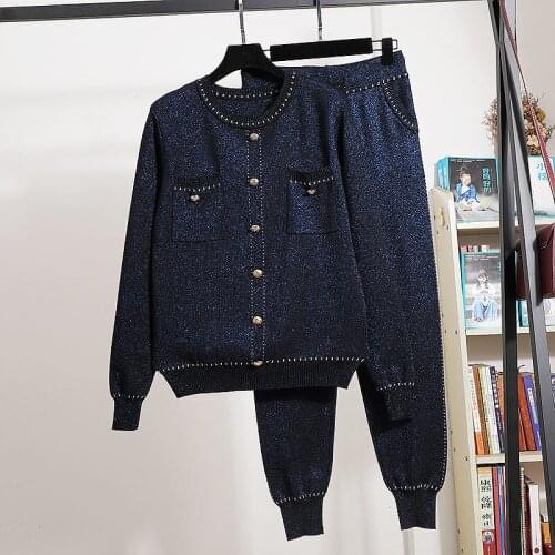 Navy Blue Bright Silk Knit Tracksuits Outfits Female O-Neck Cardigan Sweater Pencil Pants Suit Female Loose Knitted 2 Piece Set