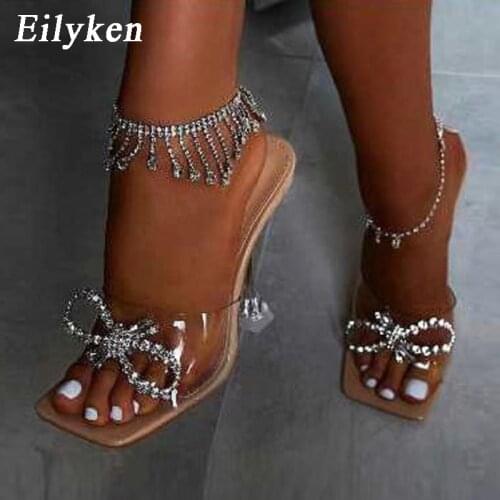 Eilyken Women slippers 2021 Transparent high heels Sexy Square toe Fashion Rhinestone Bowtie Wedding Party shoes for Lady