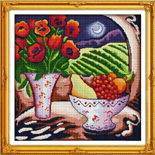Vase&fruit under the moon cross stitch kit cartoon 14ct 11ct count pre print canvas stitching embroidery DIY handmade needlework