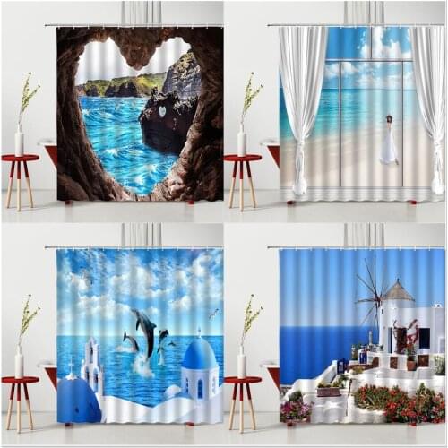 Mediterranean Style Shower Curtain Ocean Dolphin Beach Beauty Female Home Bathroom Decor Polyester Curtains Set Washable Fabric
