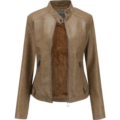 Womens PU Leather Jacket Autumn Winter Female Retro Warm Fleece Leatherette Zipper Motorcycle Coat