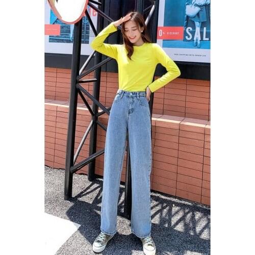 QRWR Womens Jeans 2020 New Spring Autumn High Waist Straight Blue Jeans Loose Wide Leg Trousers Jeans for Women