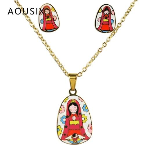 The Virgin Mary 100% golden Plated Stainless Steel Necklace Earrings Set The Son Of God Jewelry Set Kids ensemble bijoux femme