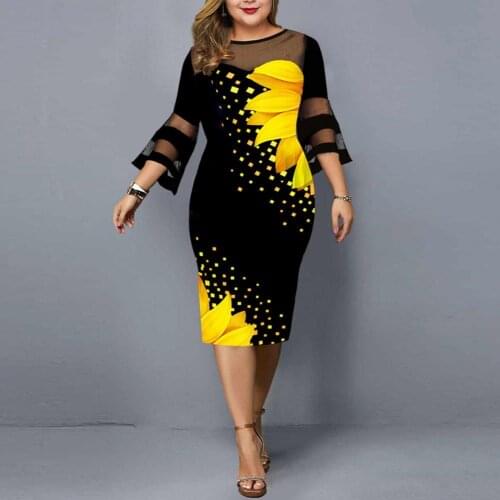 2021 New Autumn Women Dress Digital Print Mesh Patchwork Elegant Flare Sleeve Mid-Calf Bodycon Dress Wedding Party Vestidos
