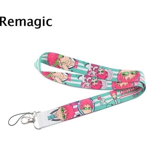 20pcs Saiki Kusuo Pink Keychain Lanyard Id Badge Holder ID Card Pass Gym Mobile Phone Badge Holder Key Strap webbing ribbons