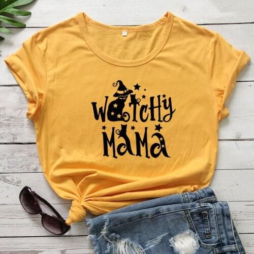 Witchy Mama Cat Print T-shirt Funny Halloween Gift Tshirt For Mom Trendy Women Graphic Witch Yellow Top Tee Shirt
