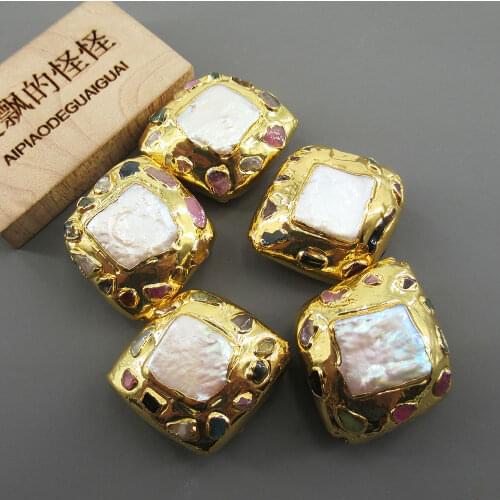Holesale 5PCS Freshwater Cultured White Square Pearl Tourmaline Chips Rhombus Beads Findings Loose Beads For Women