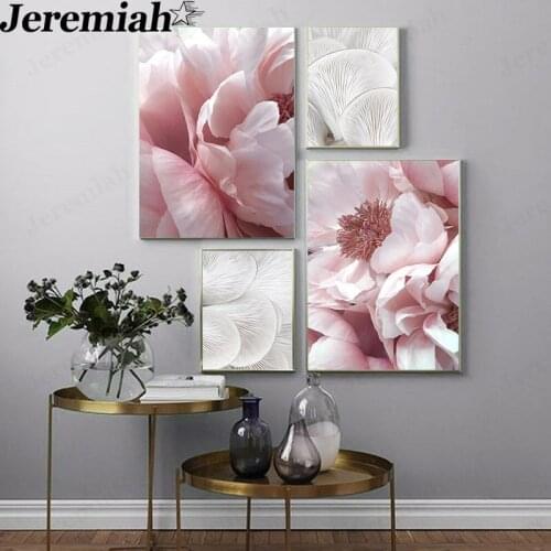 Pink Flower Canvas Painting Simple White Plant Poster Wall Art Nordic Home Garden Decoration Accessories