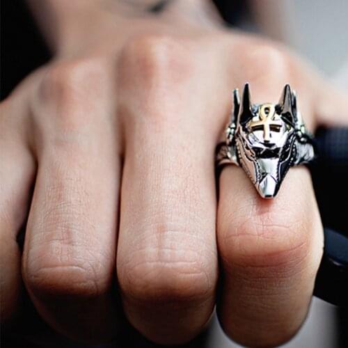 Unisex Self Defense Ring Punk Anubis Egyptian Cross Beast Anti-wolf Finger Ring Titanium Steel Vintage Wolf Rings Gift