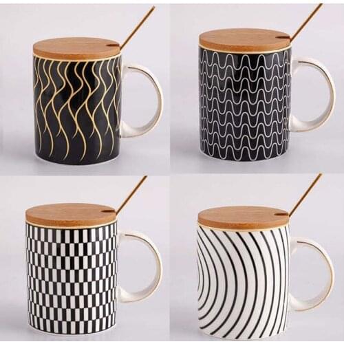 400ml Creative Geometric Design Couple Gift Mug With Wooden Lid And Stainless Steel Spoon Ceramic Breakfast Coffee Tea Cup