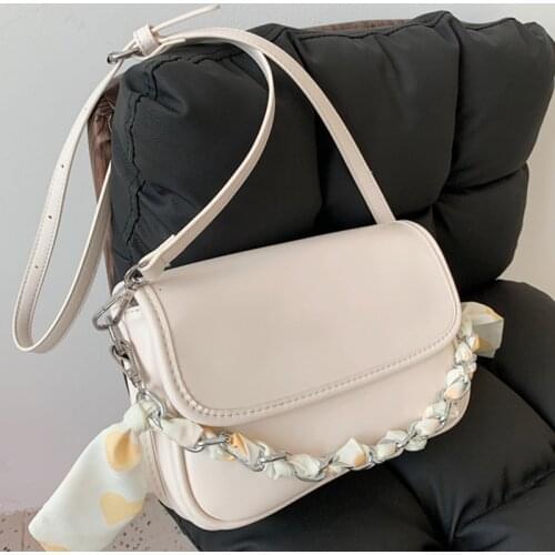 Fashion Designer Womens Silk Scarf Chain Handbag Simple PU Leather Shoulder Bag 2021 Pure Color Casual Ladies Small Square Bags