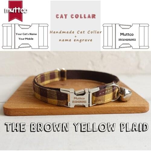 MUTTCO Retailing handmade engraved metal buckle cat collar THE BROWN YELLOW PLAID double cloth basic collar 2 sizes UCC067