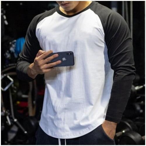 2021 Autumn Mens new casual Fashion print T-shirt mens Gyms fitness black T-shirt fitness jogging sports long-sleeved shirt