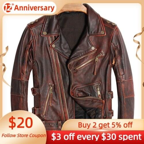 2021 Vintage Brown American Men Bikers Leather Jacket Plus Size XXXXL Genuine Thick Cowhide Autumn Slim Fit Motorcycle Coat