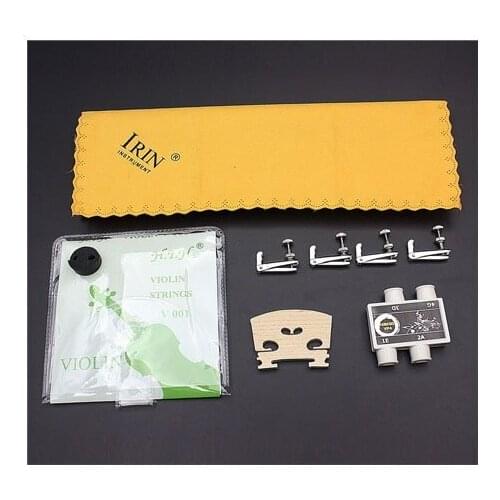 6-in-1 4/4 Violin Fiddle String Set Pitch Pipe Tuner Bridge Mute Silencer Cleaning Cloth 4 Fine Tuner Adjuster Accessories Kit