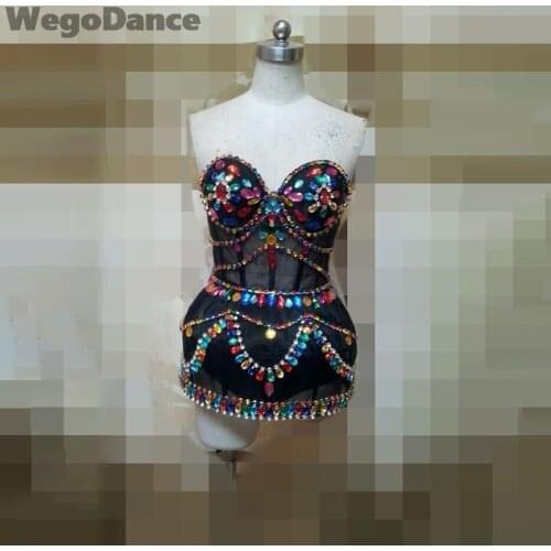 New Women Rhinestones Sexy Shining Big Crystals Mesh Chains Outfit Nightclub Party Wear See Through Costume