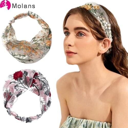 MOLANS New Transparent Yarn Elastic Headbands for Women Wide-brimmed Embroidery Hairbands Female Bezel Elegant Hair Accessories