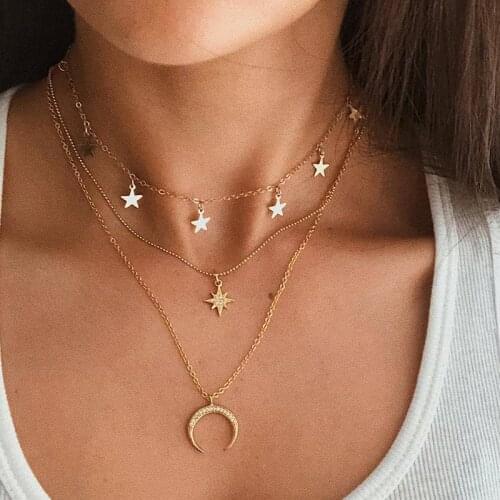 Moon Necklace Women Bohemian Style Multilayer Moon Star Pendant Chocker Necklace Womens Jewelry Accessories Collares