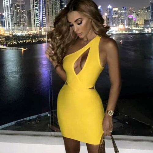 Newest Sexy One Shoulder Key Hole Yellow Women Bodycon Bandage Dress 2021 Knitted Elastic Elegant Evening Club Party Dress