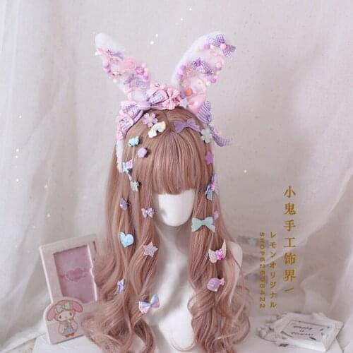 Lolita Handmade Headwear KC Cute Hairband Kawaii Sweet Rabbit Strawberry Candy Bunny Ears Hair Clasp Girl Hair Accessories