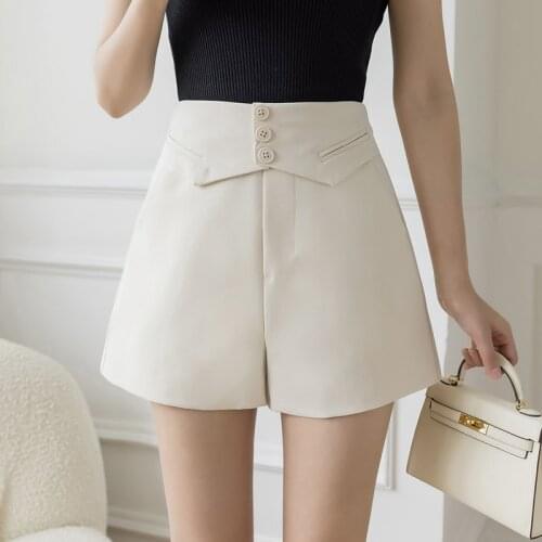 Summer Casual Buttons High Waist Wide Leg Shorts Women Korean Brief Solid Lady Work Wear Leisure Shorts