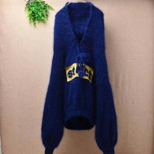 Top mujer femme special images bule color sweater angora rabbit fur v-neck long sleeves basic pullover sweater mink cashmere blouses winter