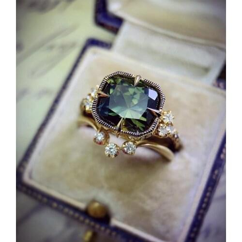 Vintage Female Green Crystal Big Ring Classic Gold Silver Color Engagement Ring Set Charm Square Zircon Wedding Rings For Women