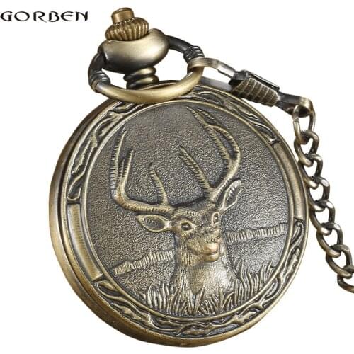 Vintage Quartz Pocket FOB watch Antique Deer with Pendant necklace Bronze Boys Pocket watch chain for Men Gifts Relogio De Bolso