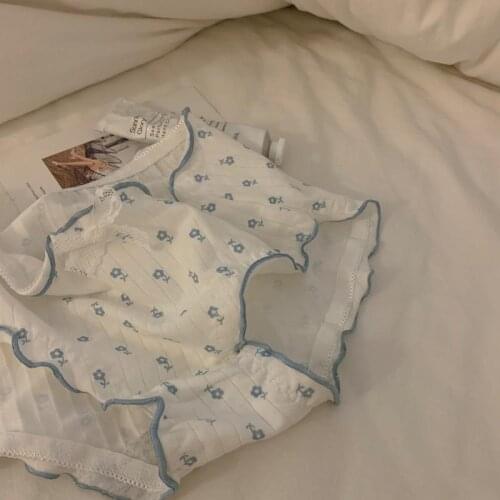 Japan Girl Sweet Lovely Bowknot Printing Flower All Cotton Briefs Agaric Edge Underwear Women Pure Cotton Mid Waist Lingerie