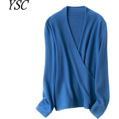 YSC 2021 Hot Sales Women Knitted 100% wool Sweater Cross collar Solid color high quality Keep warm pullovers