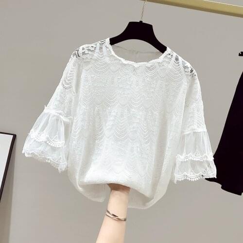 2021 Summer Elegant Women O Neck Flare Half Sleeves Hollow Out Lace Shirts Female Casual Pullover Tops Ladies Shirt Blouse