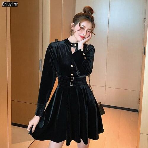 Women 2021 New Year Winter Spring V Neck Slim A Line Button Vintage French Black Elegant Party Mini Velvet Dress