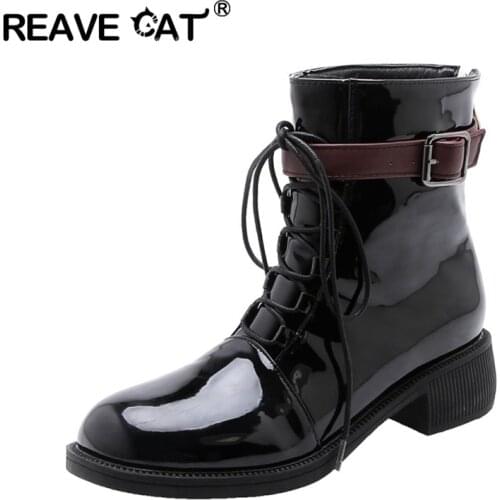 REAVE CAT Women low heels ankle boots motorcycle boots buckle cross-tied Lady winter shoes leather booties botas mujer big size