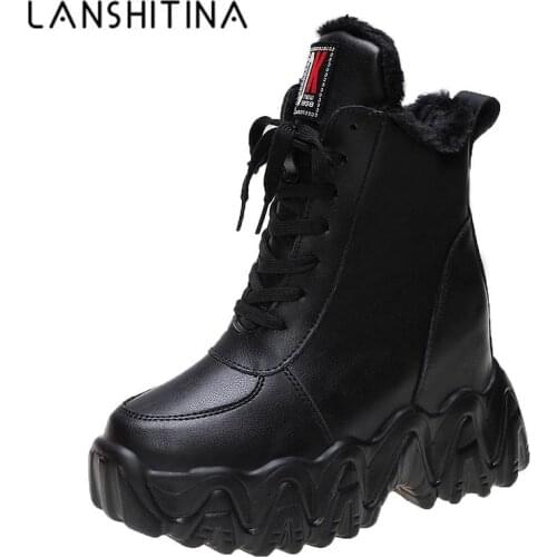 2020 New Winter Cotton Snow Boots For Woman Ankle Boots 9CM Heels High Top Wedge Boots Warm Fur Women Platform Leather Sneakers
