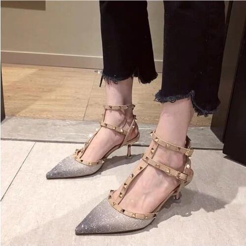 Sexy Hasp Rivet heels Female leather high-heeled pumps Stiletto heel 6 cm Pointed Toe Hollow Ventilation Shoes woman Rivet shoes