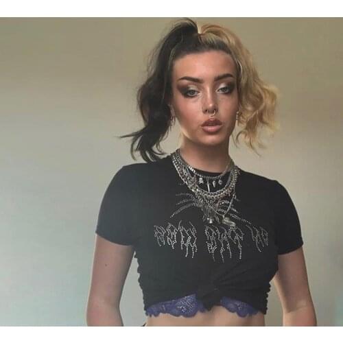 Punk Vintage Rhinestone Spider Graphic woman T-shirts Mall Goth Oneck Short Sleeve Crop Tops E-girl Aesthetics Tees Harajuku Y2K
