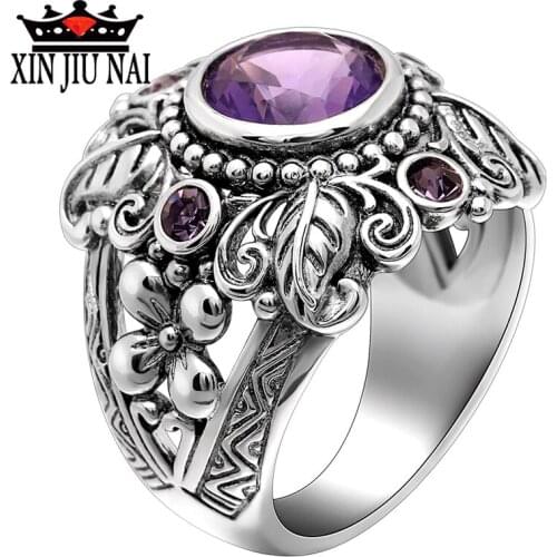 925 sterling silver Vintage Thai Silver Color Flower Leaf Shaped Big Crystal Ring for Woman with Purple CZ Stone amethyst ring