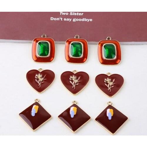 10Pcs/lot Alloy Enamel Charvintage rose Heart Charms pendant For DIY Fashion Earrings Jewelry Making Finding Accessories