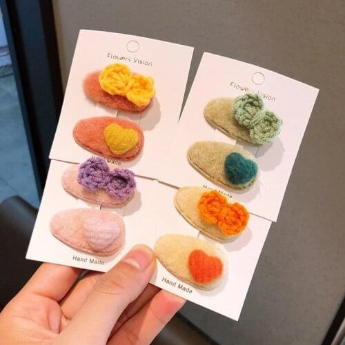 2pcs/lot Heart Bow BB clip Childrens plush hair clip bangs clip cute candy color soft hair accessory hair clips for girls